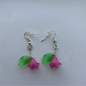 Flower and Leaf Charm Earrings - Silver Tone Dangles, Handmade